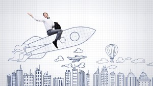 Young businessman flying in drawn rocket