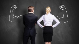 Businesspeople with drawn strong arms