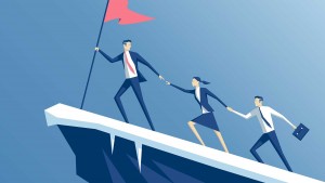 Business people climb to the top of the mountain